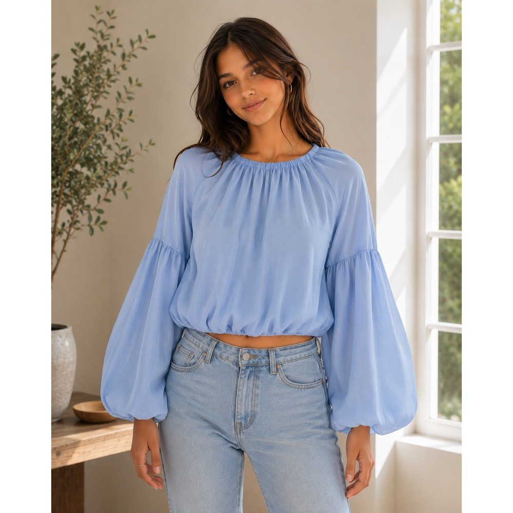 GB Girls Light Blue Bubble Hem Lantern Sleeve Blouse Top Large